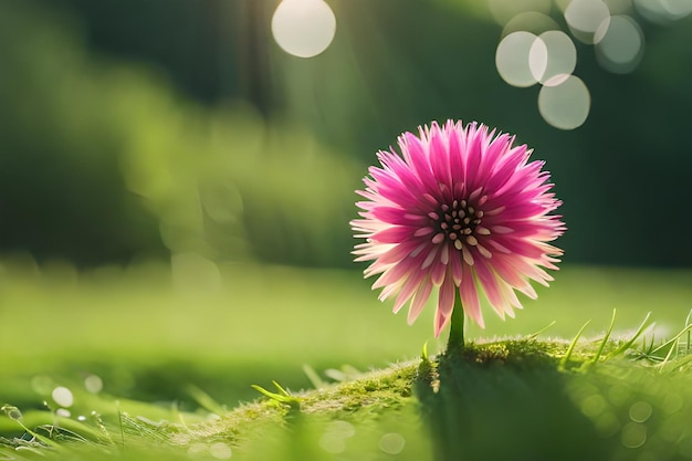 A pink flower with the sun shining through the background