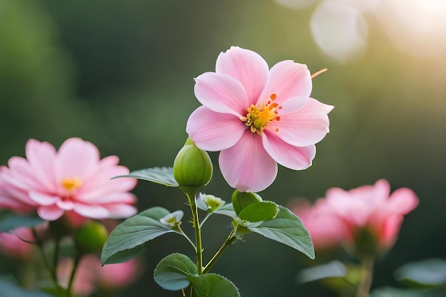 Photo pink flower with the sun shining through the leaves