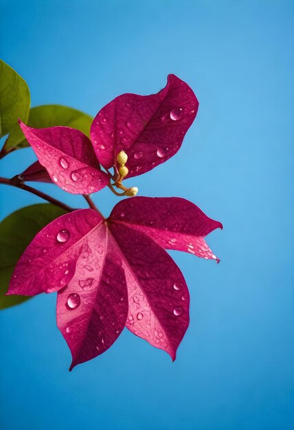 青い空を背景に葉に水滴がついたピンクの花