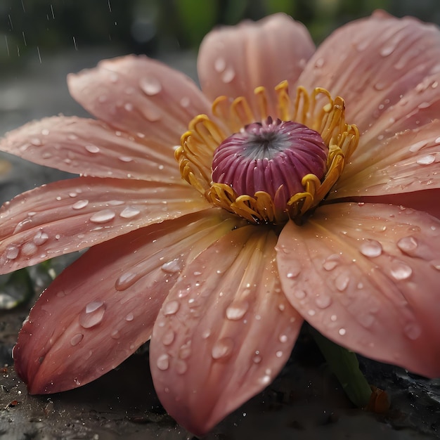 a pink flower with water drops on it in the rain