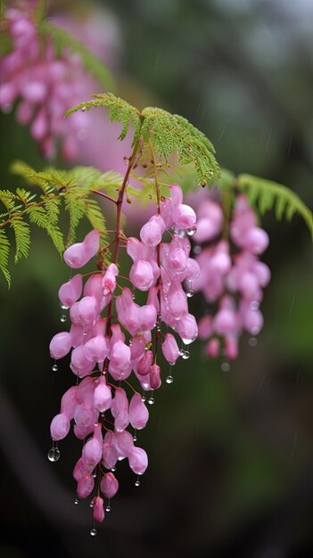 水の滴が落ちているピンクの花