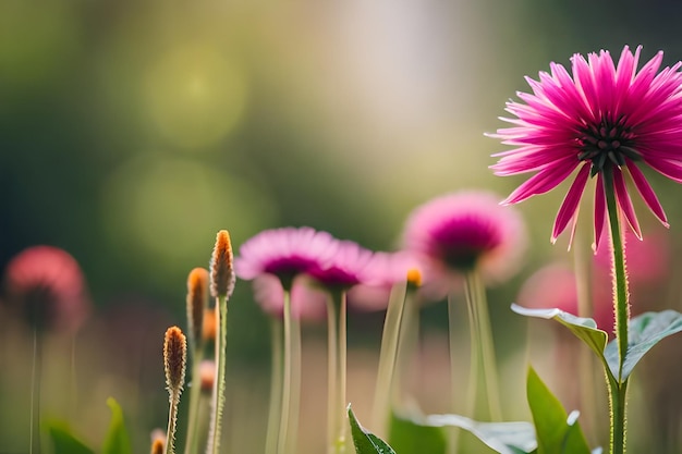 핑크색 꽃과 "dandelion"라는 단어가 배경입니다.