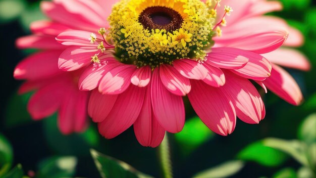 A pink flower with a yellow center and a black center.