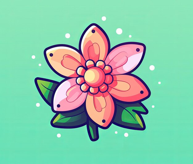 A pink flower with a yellow center and a green leaf