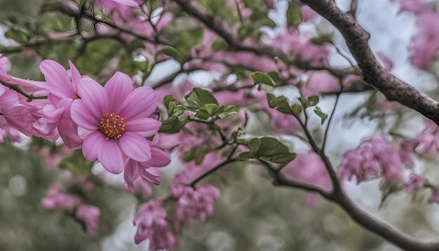 Photo a pink flower with a yellow center is blooming