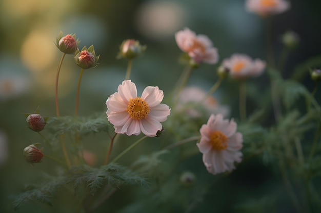 中心が黄色のピンクの花が緑の葉に囲まれています。