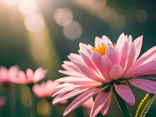 A pink flower with a yellow center is surrounded by the sun