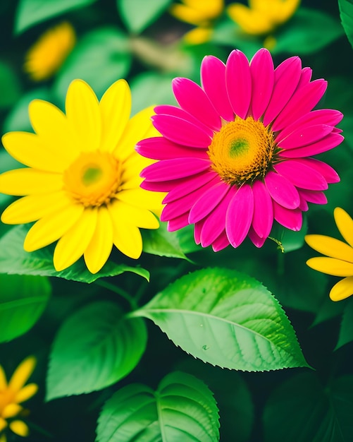 A pink flower with a yellow center and a pink flower in the middle.