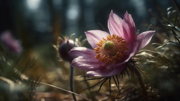 ピンクの花が黄色の中心部と黄色の中央部を占めています