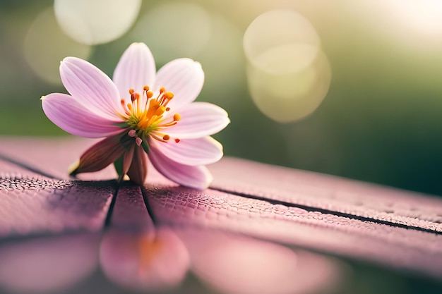 A pink flower on a wooden table