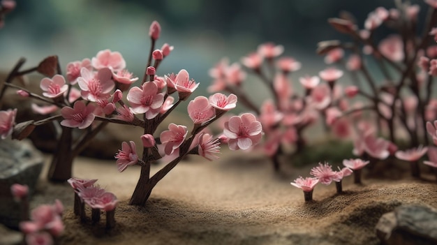 A pink flowered tree in a desert