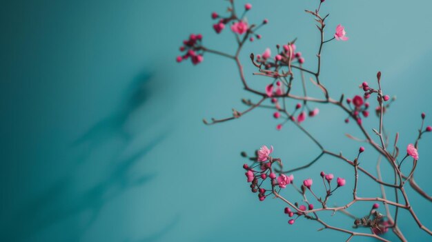 Pink Flowering Branch on Blue Background