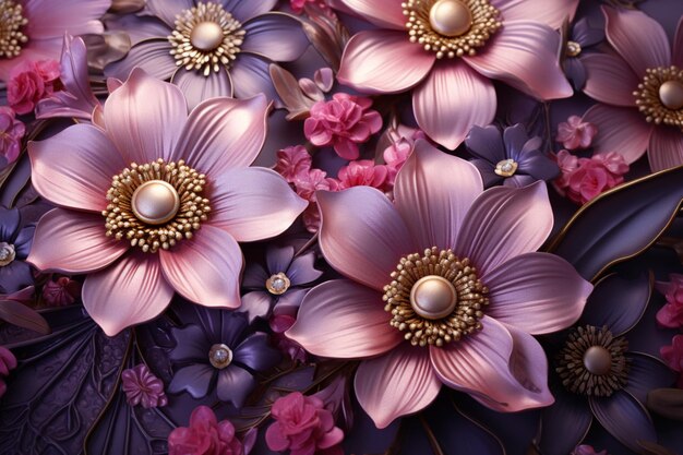 Photo pink flowers adorned with golden beads on a purple canvas