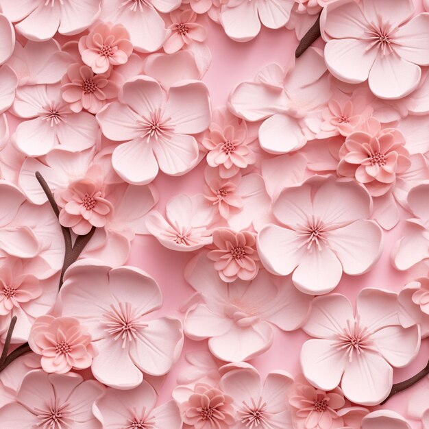 Pink flowers are arranged on a pink surface with a white background generative ai