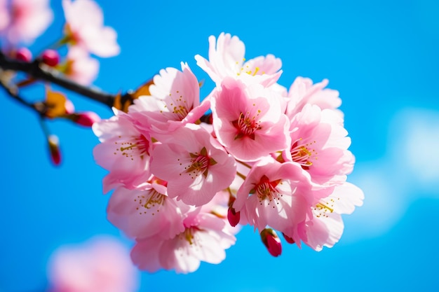 Pink flowers are blooming on branch against blue sky in the background Generative AI