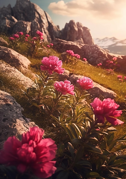 pink flowers are growing on a hill in a mountain wilderness