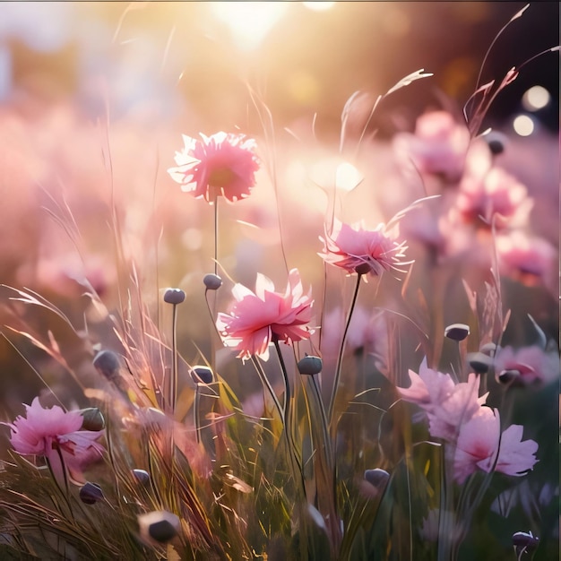 緑の草の背景にピンクの花 背景にぼんやりしたボケエフェクト 花は春のシンボル 新たな生活