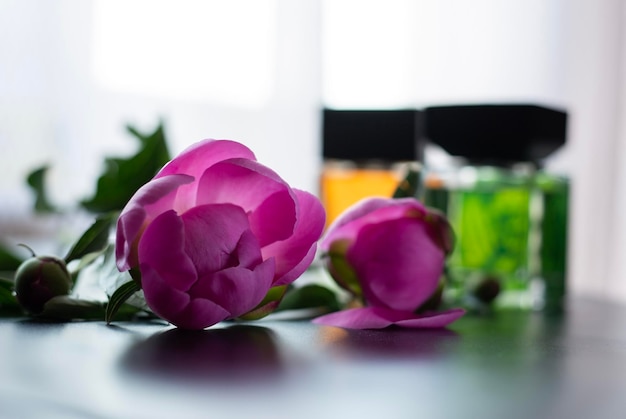 Pink flowers on the background of perfume bottles