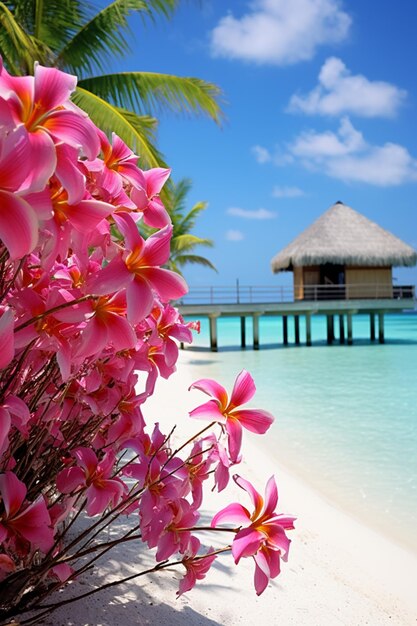 Photo pink flowers on a beach with a hut in the background generative ai