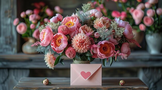 写真 ピンクの花が送られテーブルの上にピンクのピオニアの花束とピンク色の紙が置かれています generative ai