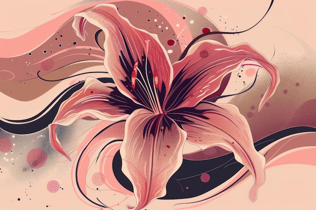 Photo pink flowers blooming on a swirling brown and beige abstract background swirling patterns and curves envelop the flowers a mixture of brown and beige tones