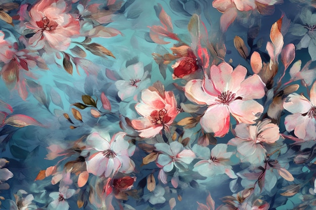 Pink flowers on a blue background Generative AI