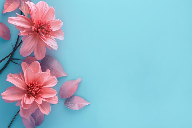 Pink flowers on blue background Generative AI