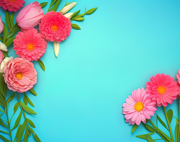 Pink flowers on a blue background with green leaves