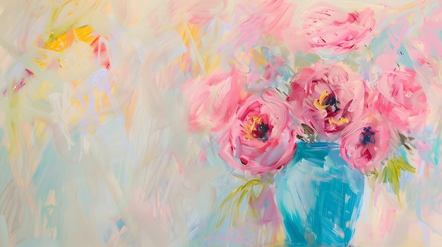 Pink flowers in blue vase on table a beautiful bouquet painting