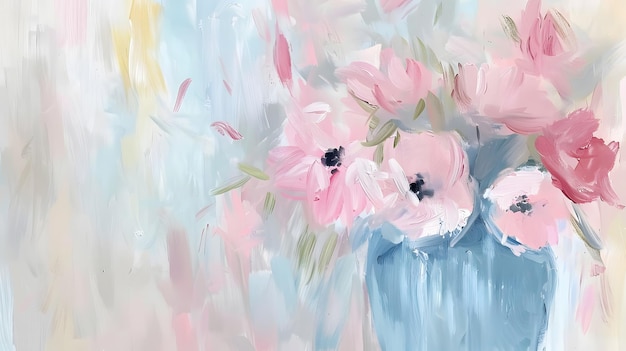 テーブルの上にある青い花瓶の中のピンクの花美しい花の絵画