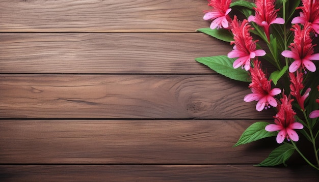 Pink flowers on brown wooden background Top view with copy space