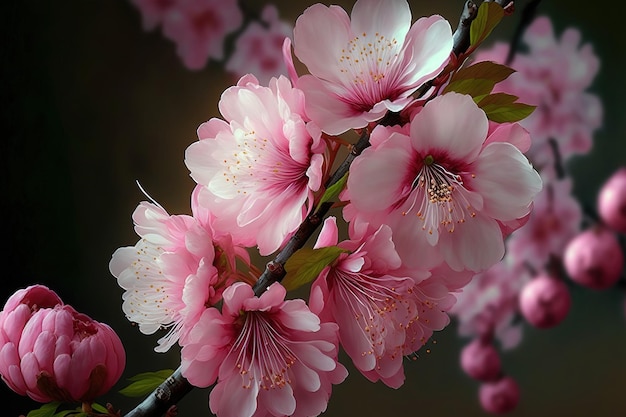 春のピンクの花と桜