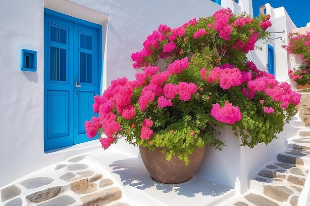 Pink flowers on the facade of the house traditional greek architecture on santorini island greece