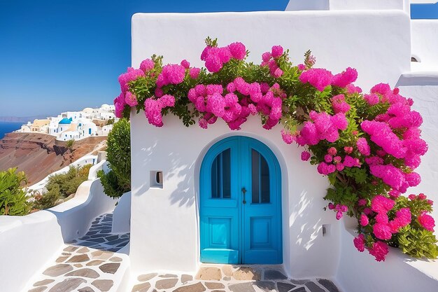 Pink flowers on the facade of the house traditional greek architecture on santorini island greece