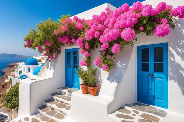 Pink flowers on the facade of the house traditional greek architecture on santorini island greece