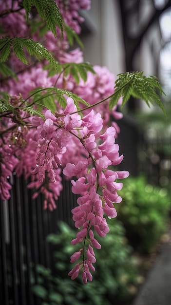 フェンスの上のピンクの花