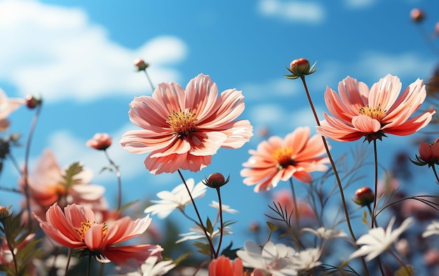 Pink flowers in a field under blue sky Generative AI