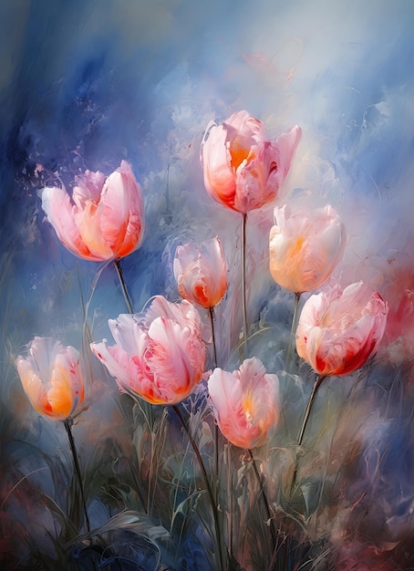 pink flowers field blue sky tulips deep mists dreams poetry under gray foggy flowing salmon colored