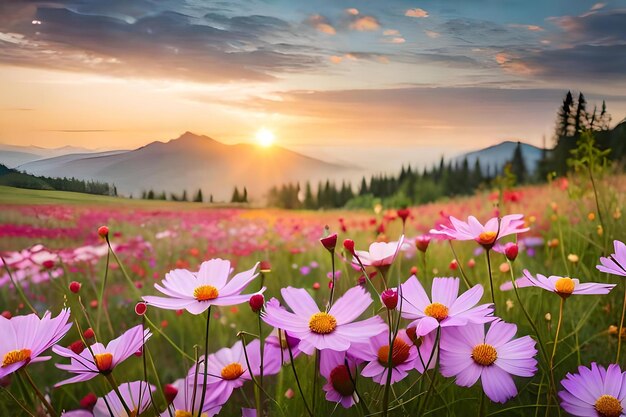 Pink flowers in a field of flowers with mountains in the background