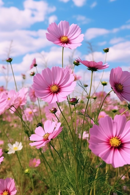 Pink flowers in a field with a blue sky in the background.