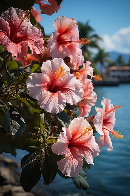 Photo pink flowers in front of a house in the background