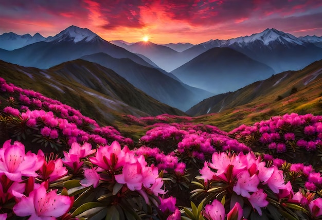 pink flowers in front of a mountain with mountains in the background