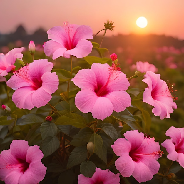 pink flowers in front of a sunset sky