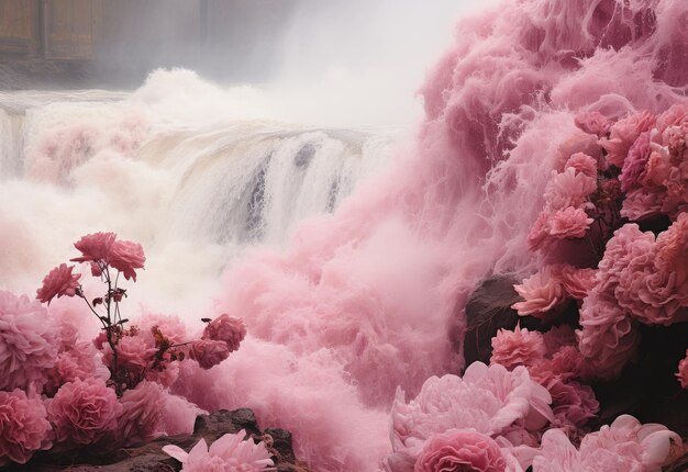 Pink Flowers in Front of Waterfall