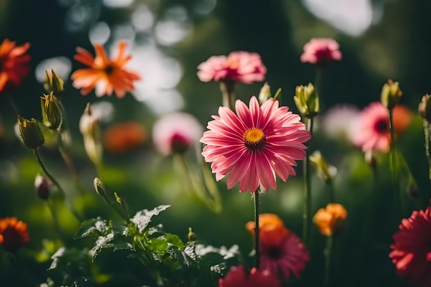 Premium AI Image | Pink flowers in a garden with a blurred background.