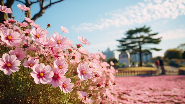 pink flowers in a garden with the city behind them