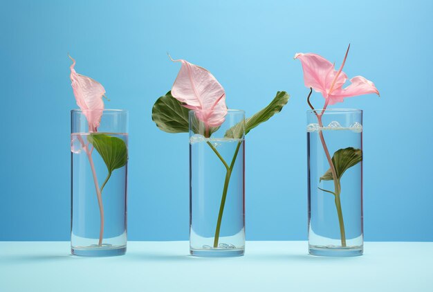 Pink flowers in glass over blue background generative ai