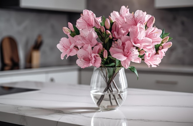 pink flowers in a glass vase on a kitchen countertop