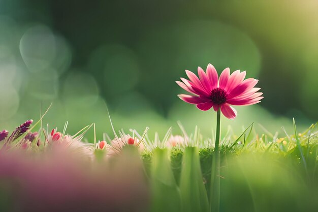 Pink flowers in the grass with a blurred background