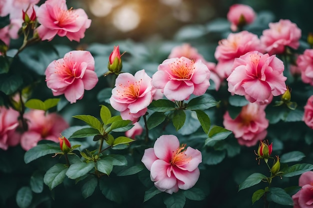 緑の背景にピンクの花